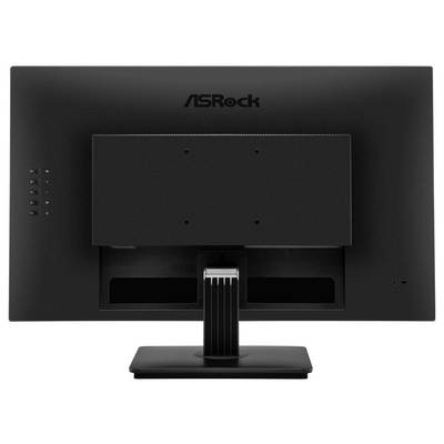 Vue arrière d'un moniteur informatique ASRock sur pied, montrant le panneau arrière, la fente de câble et les boutons de contrôle latéraux.