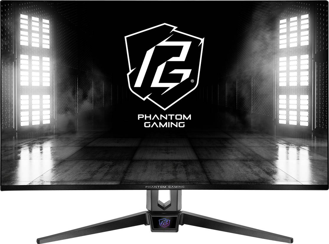 Moniteur Phantom Gaming avec un écran noir et blanc affichant le logo « PG » et le texte « PHANTOM GAMING » sur un fond de scène sombre.