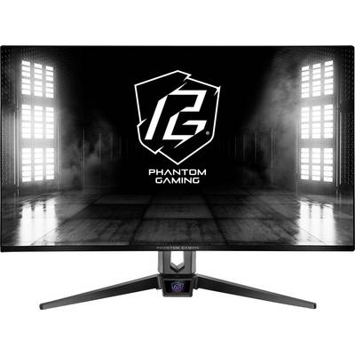 Moniteur Phantom Gaming avec un écran noir et blanc affichant le logo « PG » et le texte « PHANTOM GAMING » sur un fond de scène sombre.