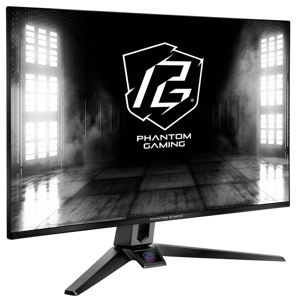 Moniteur Phantom Gaming affichant le logo Phantom Gaming sur un écran noir, avec un grand support et une base en V large.