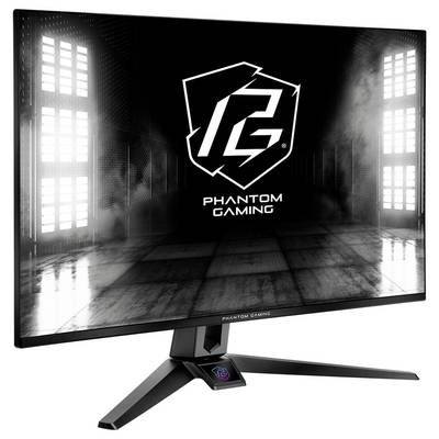 Moniteur Phantom Gaming affichant le logo Phantom Gaming sur un écran noir, avec un grand support et une base en V large.