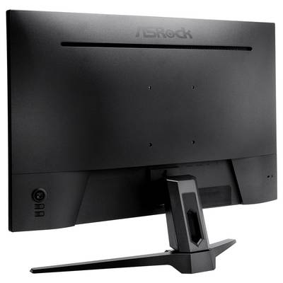 Vue arrière d'un moniteur informatique ASRock avec un pied central et une fente de routage des câbles sur un fond blanc.