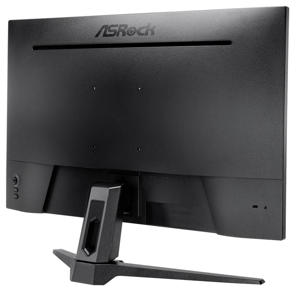 Vue arrière d'un moniteur à écran plat ASRock avec un pied central et une fente de passage pour les câbles.