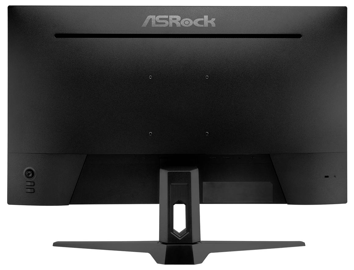 Vue arrière d'un moniteur ASRock noir sur un pied, montrant le logo de la marque et l'ouverture de gestion des câbles.