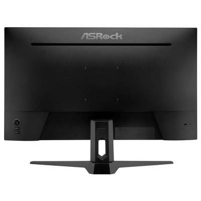 Vue arrière d'un moniteur ASRock noir sur un pied, montrant le logo de la marque et l'ouverture de gestion des câbles.