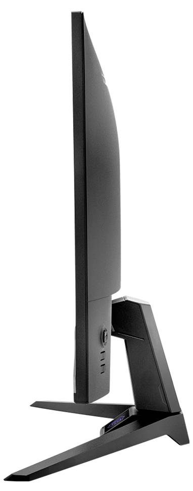 Vue latérale d'un moniteur noir à écran plat sur un pied avec une base large et un support arrière réglable.