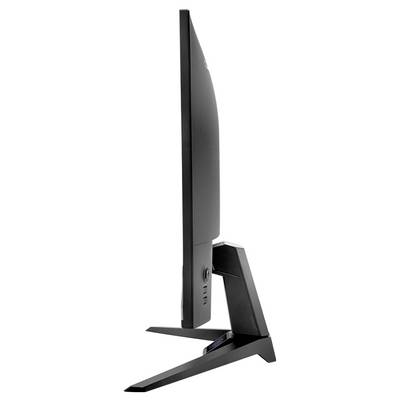 Vue latérale d'un moniteur noir à écran plat sur un pied avec une base large et un support arrière réglable.