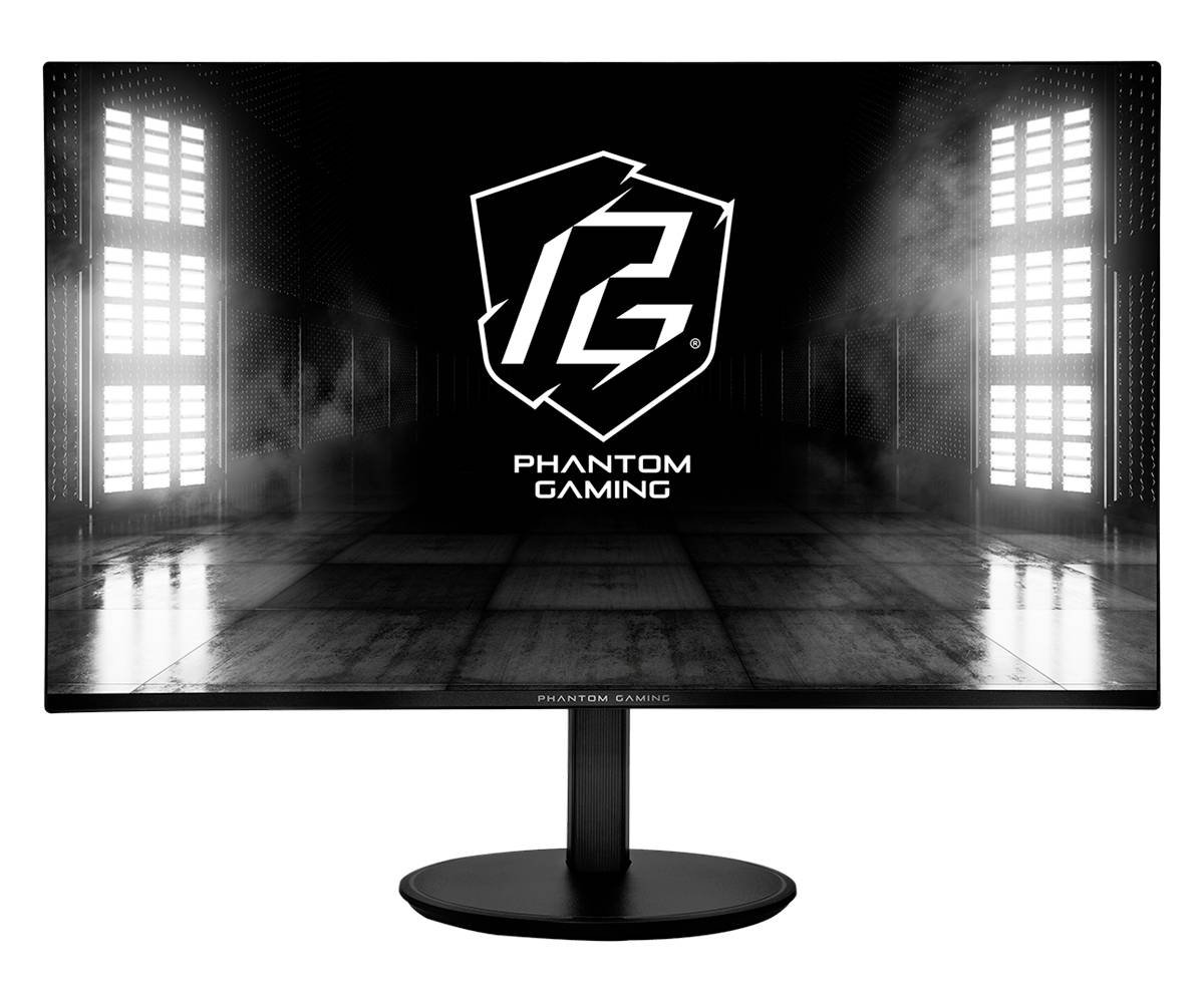 Moniteur de jeu noir affichant le logo Phantom Gaming sur un écran sombre et enfumé, présenté sur un socle sur fond blanc.