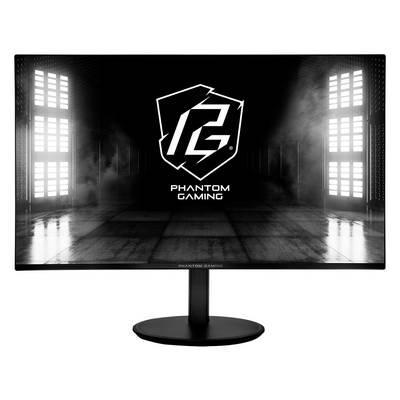 Moniteur de jeu noir affichant le logo Phantom Gaming sur un écran sombre et enfumé, présenté sur un socle sur fond blanc.