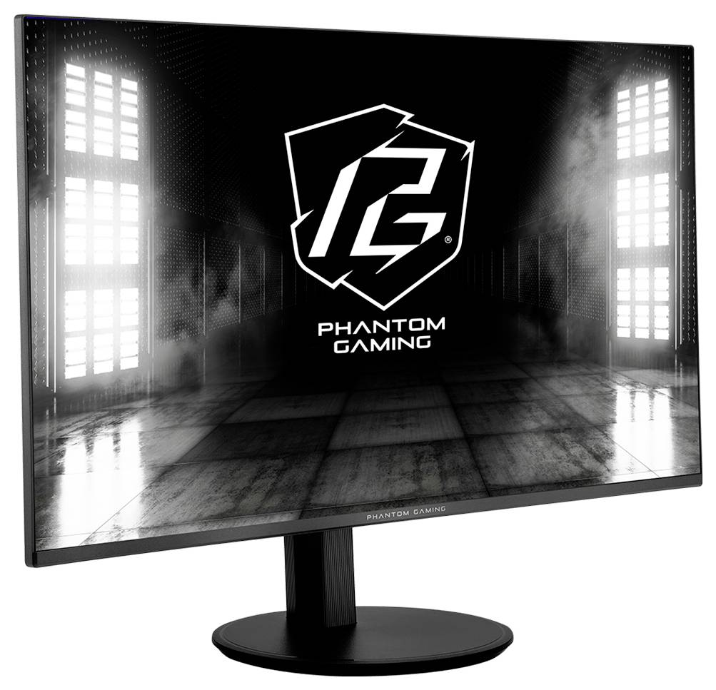 Moniteur de jeu Black Phantom affichant le logo et le texte Phantom Gaming sur un écran de style industriel sombre, présenté sur un support.