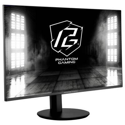 Moniteur de jeu Black Phantom affichant le logo et le texte Phantom Gaming sur un écran de style industriel sombre, présenté sur un support.