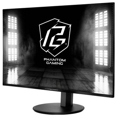 Moniteur Phantom Gaming affichant le logo Phantom Gaming sur un écran au thème sci-fi sombre, présenté sur un support sur fond blanc.