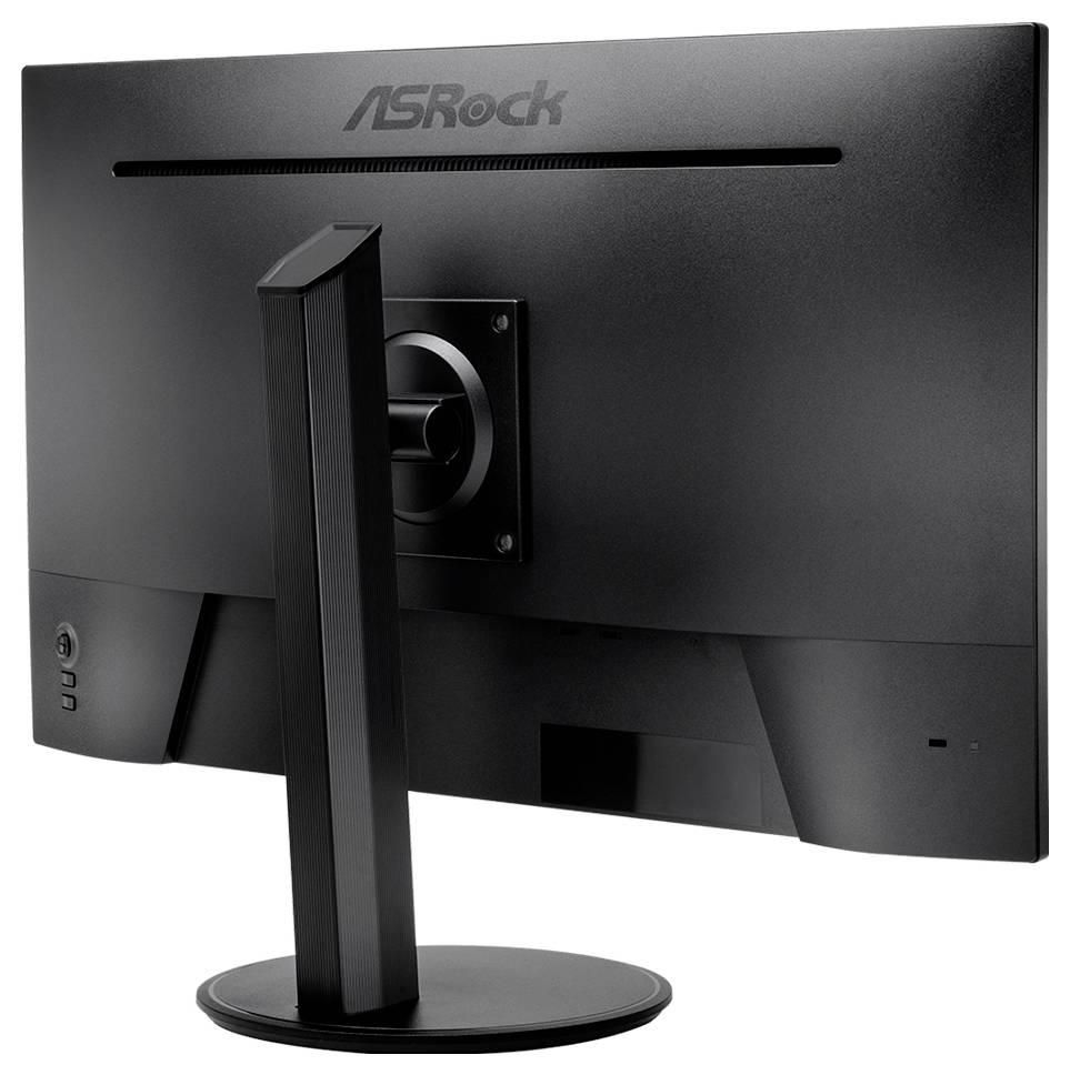 Vue arrière d'un moniteur informatique ASRock sur un support, montrant le support de montage et les ports de câbles.