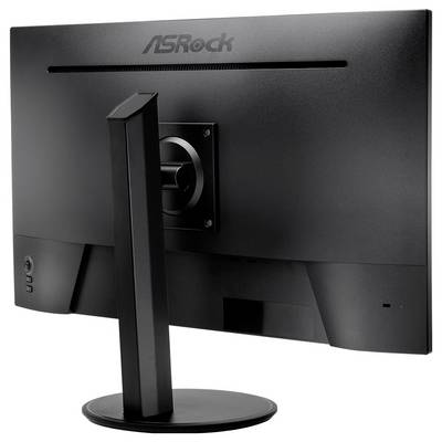 Vue arrière d'un moniteur informatique ASRock sur un support, montrant le support de montage et les ports de câbles.