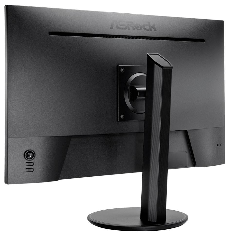 Vue arrière d'un moniteur de bureau ASRock sur un support, montrant le panneau arrière, le support central et la base courbe.