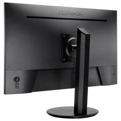 Vue arrière d'un moniteur de bureau ASRock sur un support, montrant le panneau arrière, le support central et la base courbe.