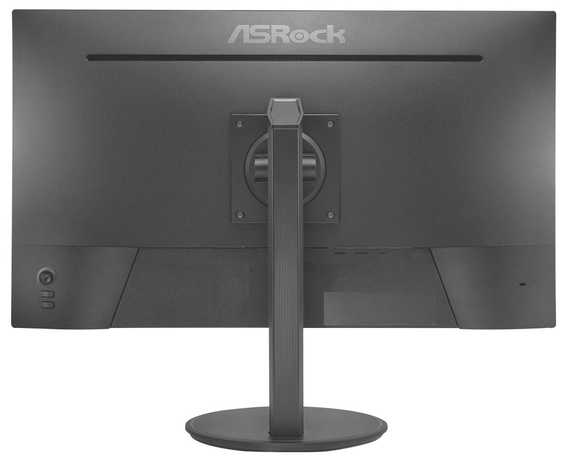 Vue arrière d'un moniteur de bureau ASRock sur un socle rond, montrant le support central et l'emplacement de gestion des câbles.