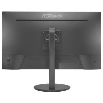 Vue arrière d'un moniteur de bureau ASRock sur un socle rond, montrant le support central et l'emplacement de gestion des câbles.