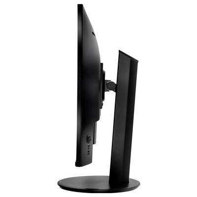 Vue latérale d'un moniteur plat noir sur un support circulaire, montrant l'écran fin et le bras de montage ajustable.