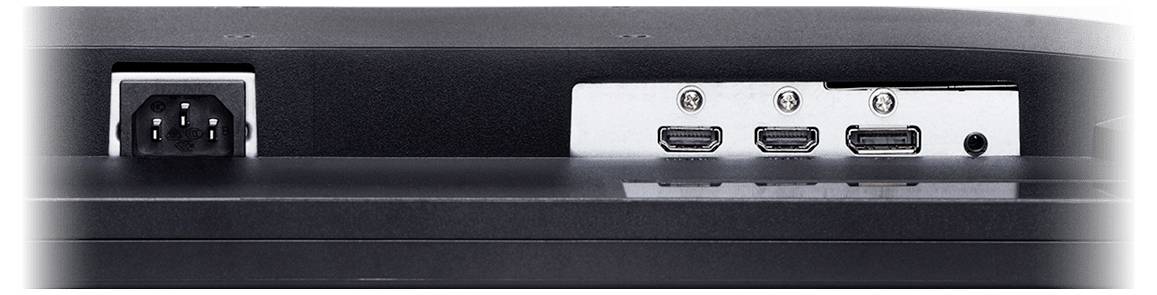 Panneau arrière d'un moniteur ou d'une télévision montrant l'entrée d'alimentation sur la gauche et trois ports HDMI plus une petite prise sur la droite.