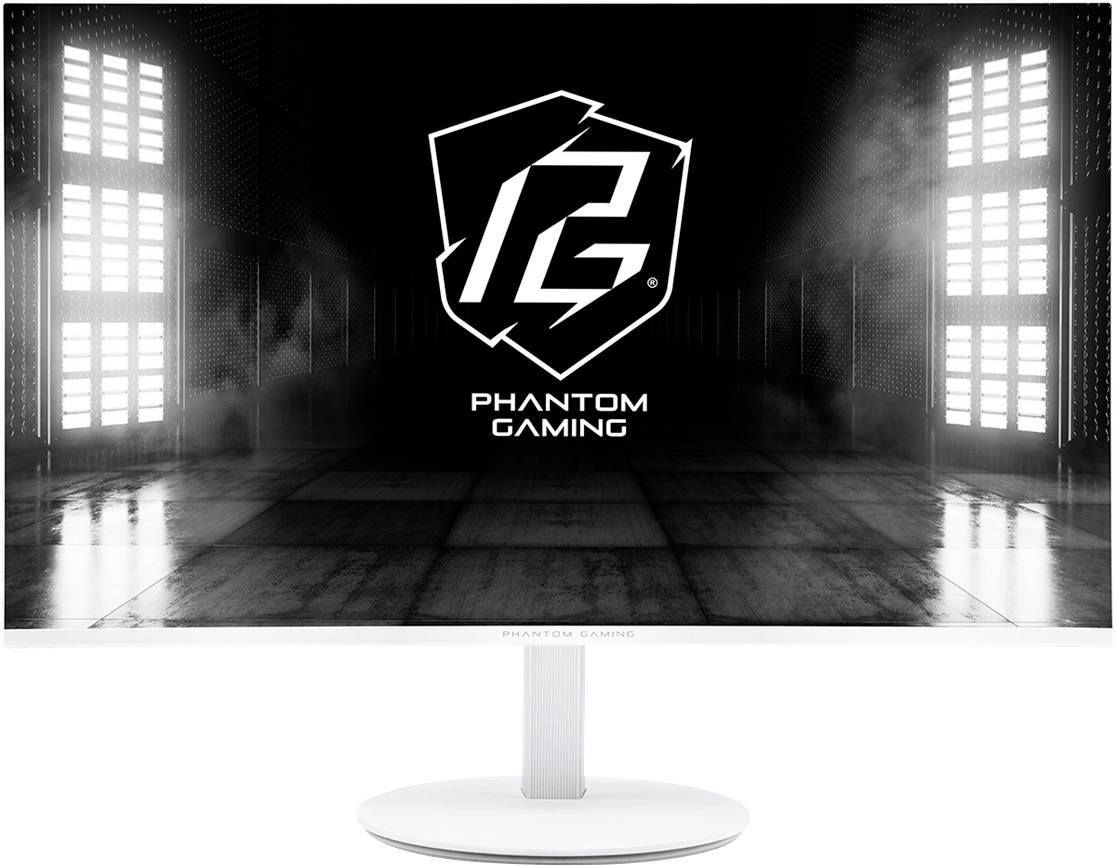 Moniteur de jeu noir affichant le logo et le nom Phantom Gaming sur un fond sombre et enfumé, avec un support et une lunette blancs.