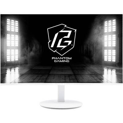 Moniteur de jeu noir affichant le logo et le nom Phantom Gaming sur un fond sombre et enfumé, avec un support et une lunette blancs.