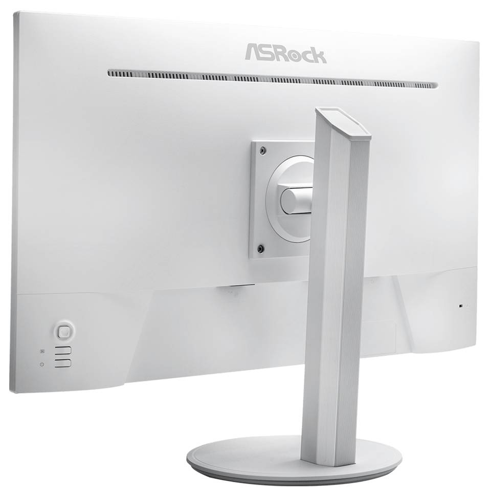 Vue arrière d'un moniteur de bureau blanc ASRock avec un support argenté et une base circulaire.