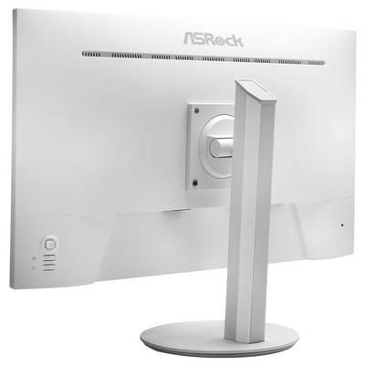 Vue arrière d'un moniteur de bureau blanc ASRock avec un support argenté et une base circulaire.