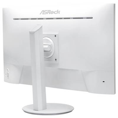 Vue arrière d'un moniteur de bureau ASRock blanc sur un socle circulaire, montrant la fente de ventilation arrière et le support central.