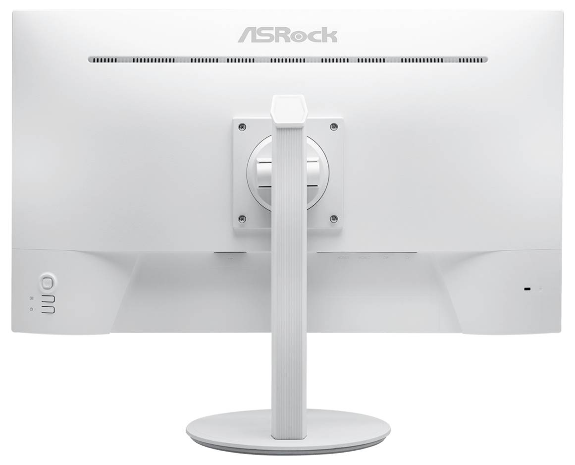 Vue arrière d'un moniteur de bureau ASRock blanc avec un socle central et une base circulaire, montrant les aérations et les commandes d'alimentation latérales.