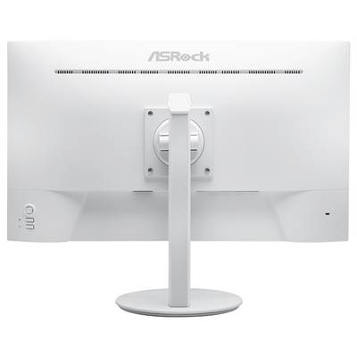 Vue arrière d'un moniteur de bureau ASRock blanc avec un socle central et une base circulaire, montrant les aérations et les commandes d'alimentation latérales.