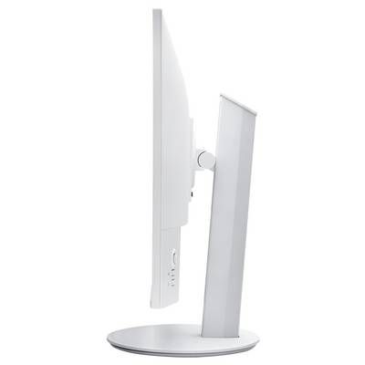 Vue latérale d'un moniteur de bureau blanc et élancé sur un support rond, montrant l'écran fin et la base inclinée.