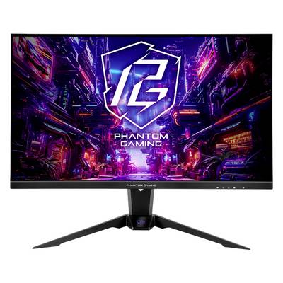 Un moniteur Phantom Gaming affiché sur un fond blanc, montrant une scène de ville sci-fi néon avec le logo « PG » et le texte « PHANTOM GAMING ».