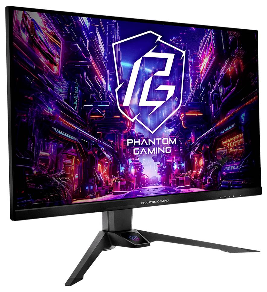 Moniteur de jeu Phantom affichant une ville cyberpunk néon et un grand logo « PG » sur l'écran, présenté sur un socle noir.