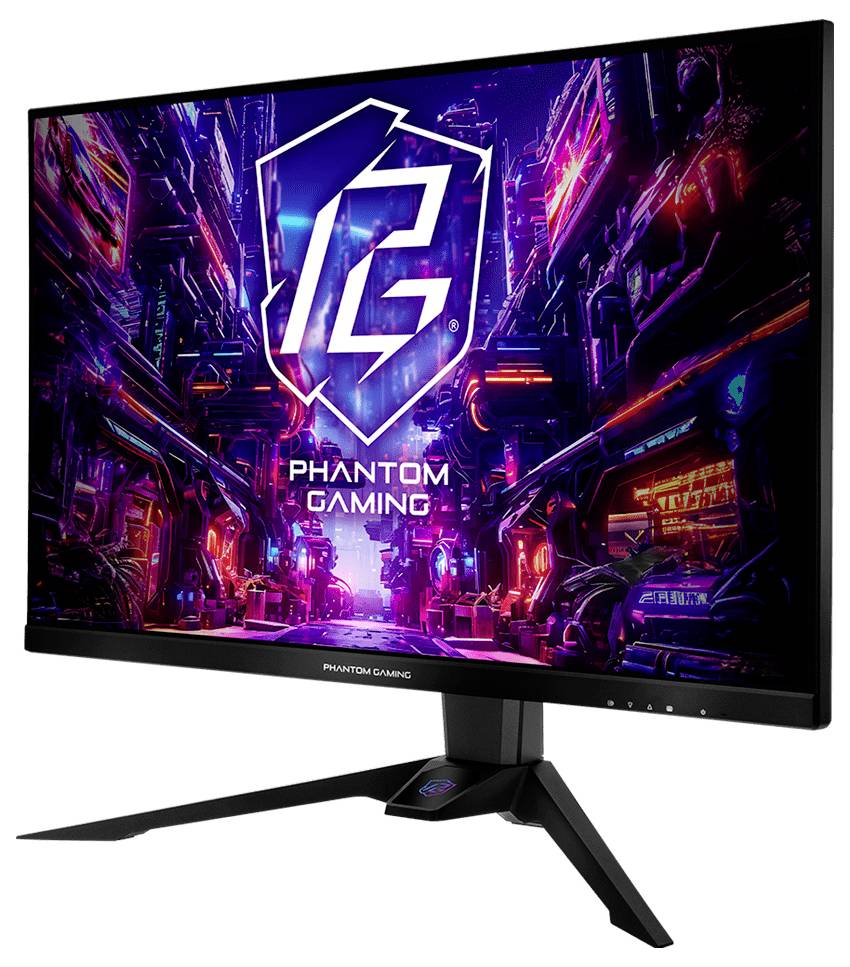 Moniteur de jeu affichant un logo cyberpunk néon « PHANTOM GAMING » et du texte sur l'écran, présenté sur un support noir avec base à trois pieds.