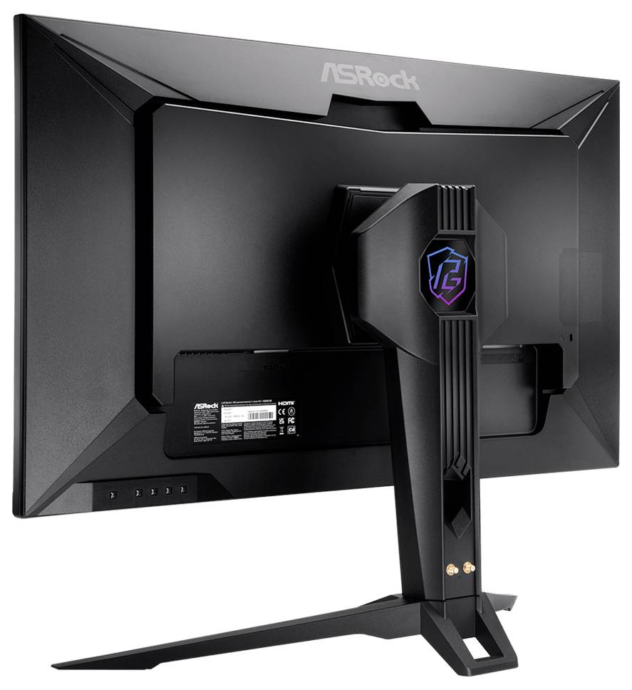 Vue arrière d'un moniteur de jeu ASRock avec un design angulaire noir et un logo RGB sur le pied.