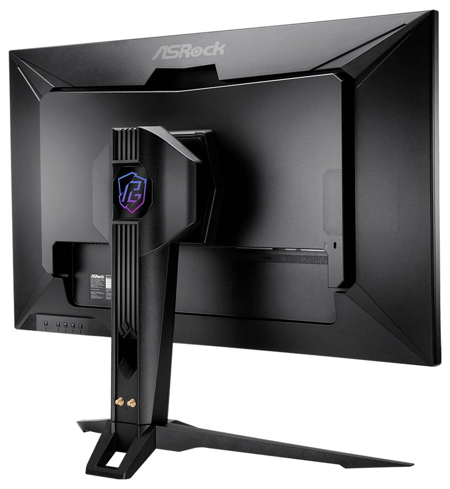 Vue arrière d'un moniteur de jeu ASRock avec un support central et un design noir angulaire, montrant les ports arrière et l'accès aux câbles.