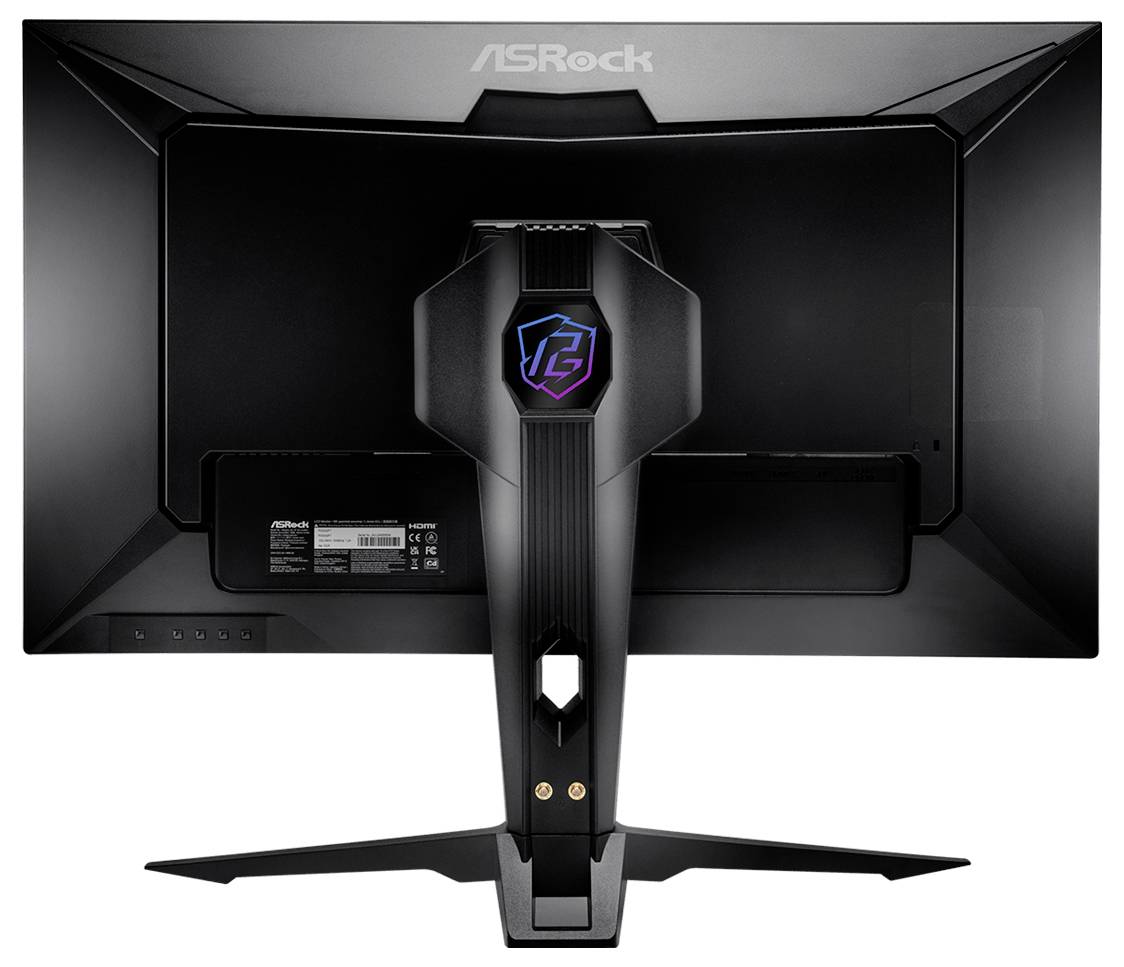 Vue arrière d'un moniteur de jeu ASRock avec un logo rétroéclairé RGB sur le pied et un large écran noir sur une base en forme de V.