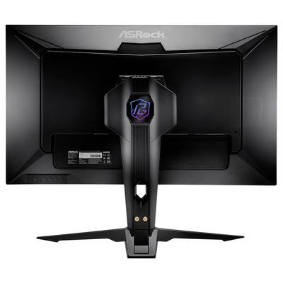 Vue arrière d'un moniteur de jeu ASRock avec un logo rétroéclairé RGB sur le pied et un large écran noir sur une base en forme de V.
