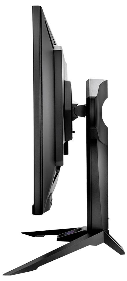 Vue latérale d'un moniteur à écran plat sur un support en forme de V, montrant son profil fin et son support ajustable.