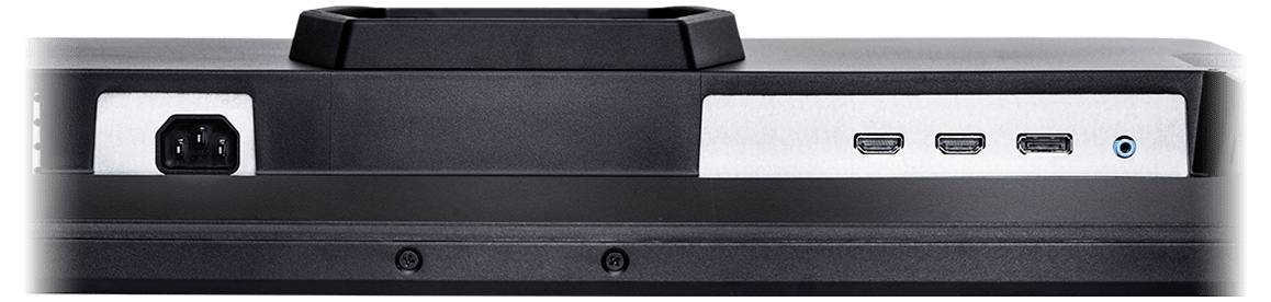 Vue arrière d'un appareil électronique noir avec une entrée d'alimentation sur la gauche et trois ports HDMI plus une prise audio bleue sur la droite.