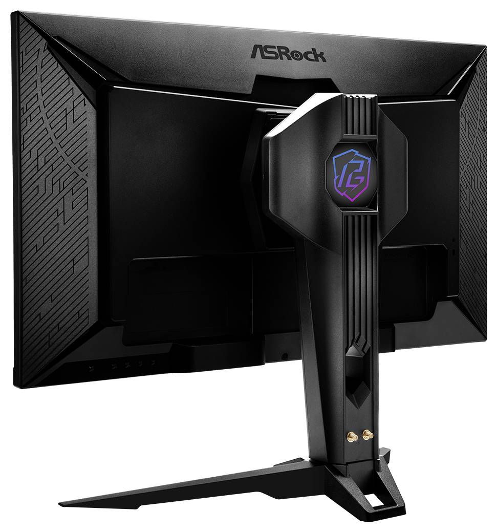Moniteur de jeu ASRock sur un support, vu de l'arrière avec un design angulaire noir et un logo illuminé sur le bras de support.