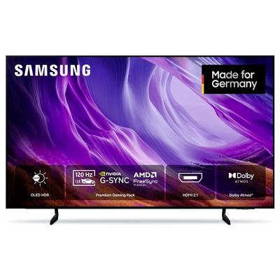 Téléviseur Samsung OLED avec affichage abstrait violet ; les badges mettent en évidence 120 Hz, NVIDIA G-SYNC, AMD FreeSync Premium, HDMI 2.1, Dolby Atmos et « Fabriqué pour l'Allemagne ».
