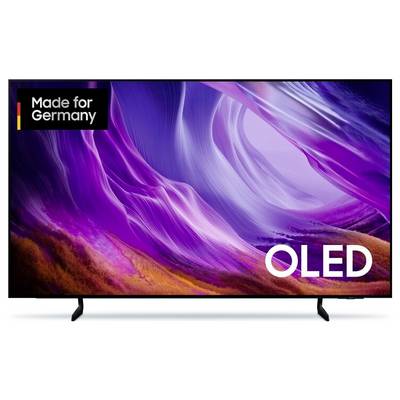 Téléviseur OLED avec écran abstrait violet et orange ; une étiquette indique « Conçu pour l'Allemagne » en haut à gauche.
