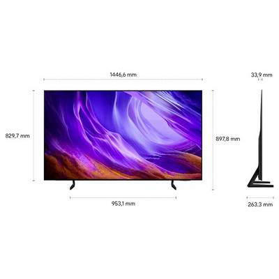 Diagramme montrant un téléviseur à écran plat avec les dimensions indiquées : 1446,6 mm de largeur, 897,8 mm de hauteur, 263,3 mm de profondeur et 953,1 mm de largeur du pied.
