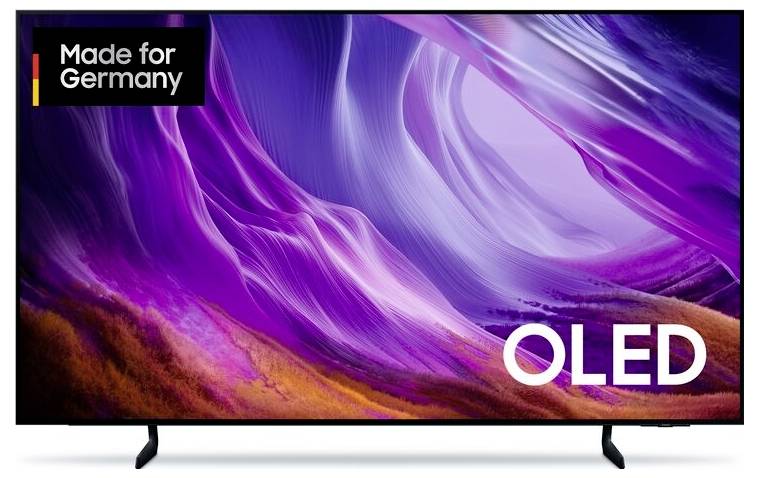 Téléviseur OLED avec un affichage abstrait violet, étiqueté « Fabriqué pour l'Allemagne » dans le coin supérieur gauche.