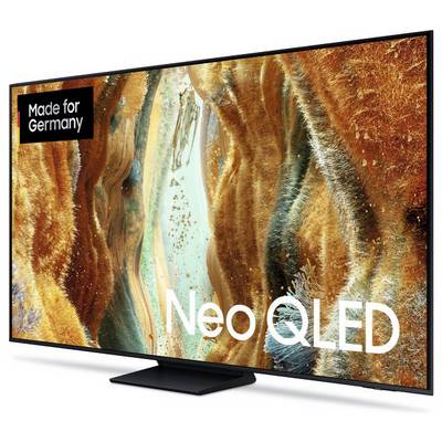 Téléviseur Samsung Neo QLED affichant une œuvre d'art abstraite aux couleurs orange, or et bleu-vert, avec une étiquette « Fabriqué pour l'Allemagne ».