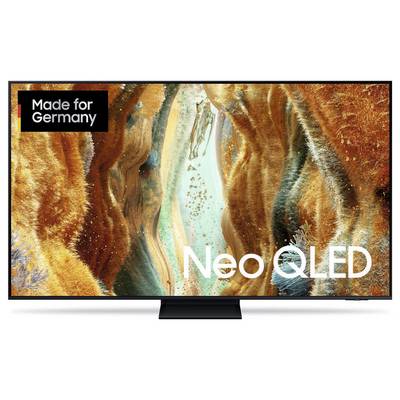 Téléviseur Samsung Neo QLED avec badge « Fabriqué pour l'Allemagne », affichant une œuvre d'art abstraite orange et bleu-vert sur l'écran.