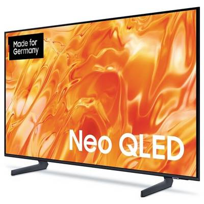 Téléviseur Samsung Neo QLED à écran plat affichant un arrière-plan abstrait orange, avec l'étiquette « Fabriqué pour l'Allemagne » en haut à gauche.