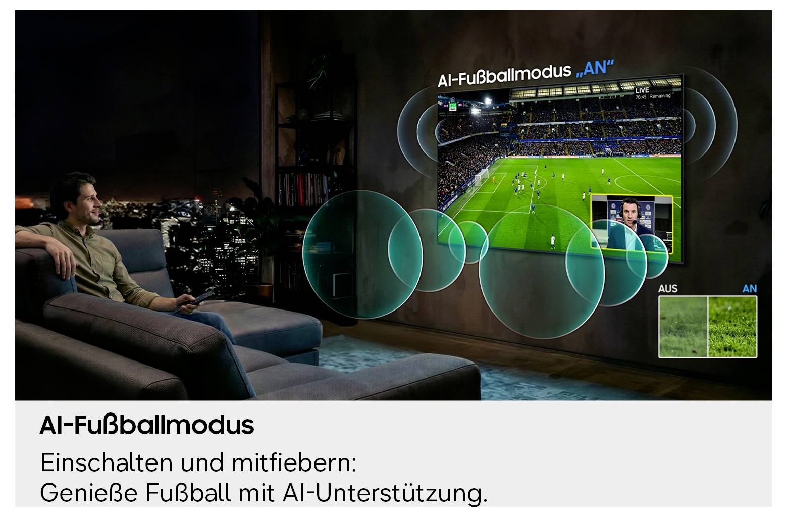Un homme regarde une télévision montrant un match de football avec « Mode Football IA ACTIVÉ » ; le texte dit « Allumez et vibrez au rythme : Profitez du football avec assistance IA ».